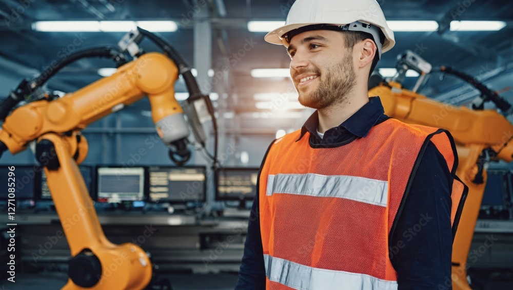 Poster factory worker with robotic arms in background