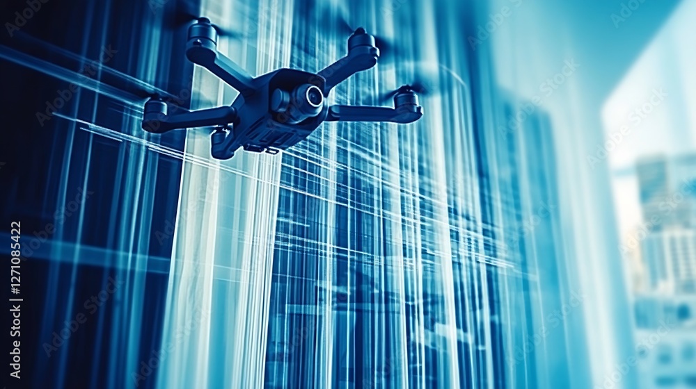 Aufkleber high-tech drone flying through a futuristic data center with glowing lights and dynamic motion : gen