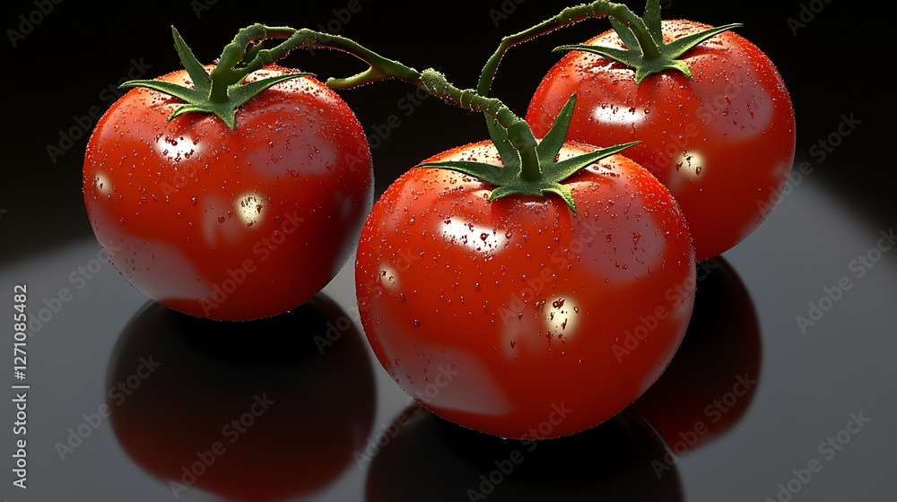 Poster close-up of glistening fresh tomatoes with water droplets set against a dark background highlighting