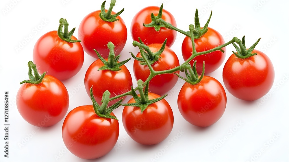 Poster vibrant cluster of ripe cherry tomatoes on a soft white surface : generative ai