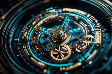 Naklejka premium Close up view of a traditional analog clock with detailed gears and glowing elements