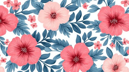 Background pattern cute flower concept. Minimalist Tropical Floral Pattern with Hibiscus and Palm Leaves