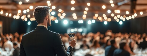 Man accepts award at gala.  Celebration, lights, banquet