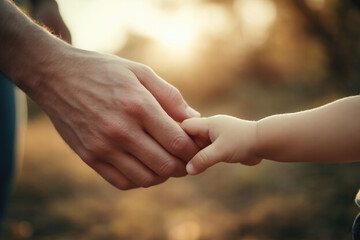 Primer plano emotivo de un padre y su hijo tomados de la mano, simbolizando protección, confianza y vínculo familiar. Iluminación cálida y fondo desenfocado para resaltar el gesto.