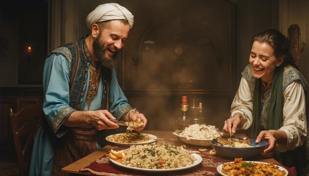 A smiling Persian couple dressed in traditional clothing enjoys a delicious Nowruz meal together, sharing laughter and warmth in a beautifully decorated setting.