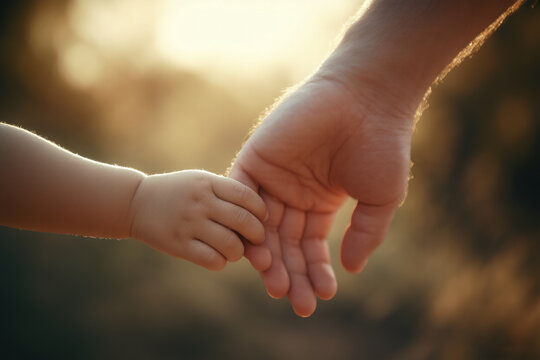 Primer plano emotivo de un padre y su hijo tomados de la mano, simbolizando protecci&oacute;n, confianza y v&iacute;nculo familiar. Iluminaci&oacute;n c&aacute;lida y fondo desenfocado para resaltar el gesto.