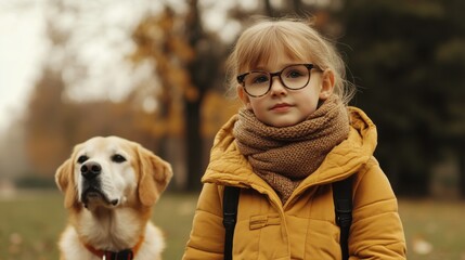 Myopia prevention with a child wearing glasses walking a dog in the park. Outdoor fitness, wellness, and eye health