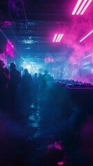 A vibrant nightlife scene illuminated by neon lights and smoke, showcasing an energetic atmosphere in a club or bar setting.
