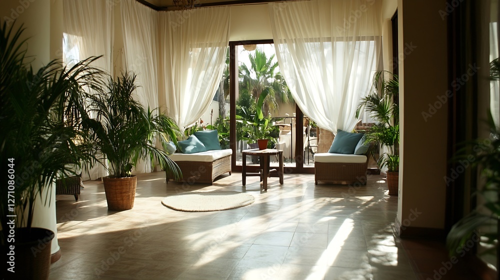 Poster bright and airy indoor space with natural light complemented by plush seating and greenery : generat