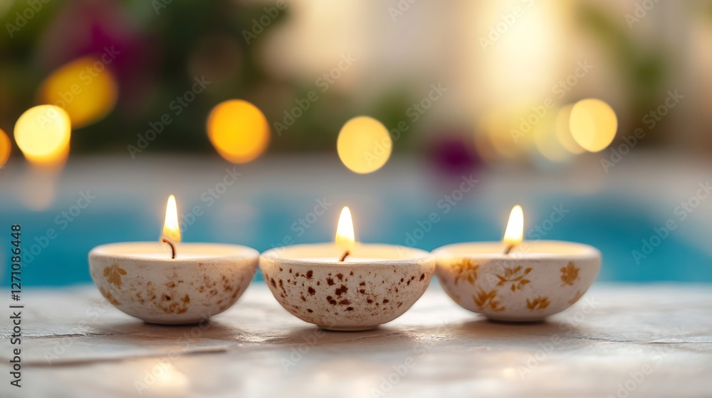 Fototapete tranquil setting of burning candles with warm glow against a swimming pool backdrop : generative ai