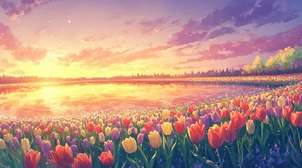  Tranquil sunset reflected over a tulip field illustration art © gan