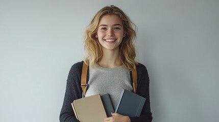 Obraz premium A joyful young woman with shoulder-length hair smiling while holding three books. She exudes positivity and enthusiasm for reading.