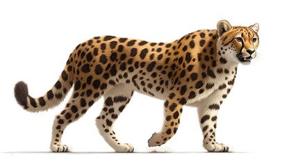Fototapeta premium Graceful cheetah walking with spotted coat in elegant stride against isolated white background, wild African predator wildlife photography, natural big cat movement