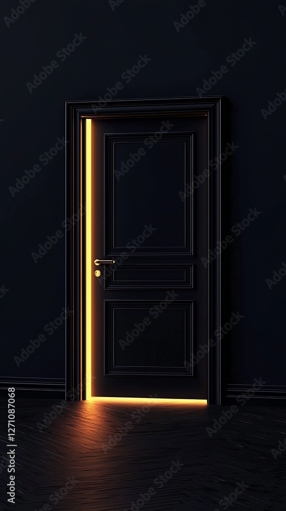 Poster Stylish black door with a glowing light edge creating a mysterious and captivating mood in a dark hallway : Generative AI