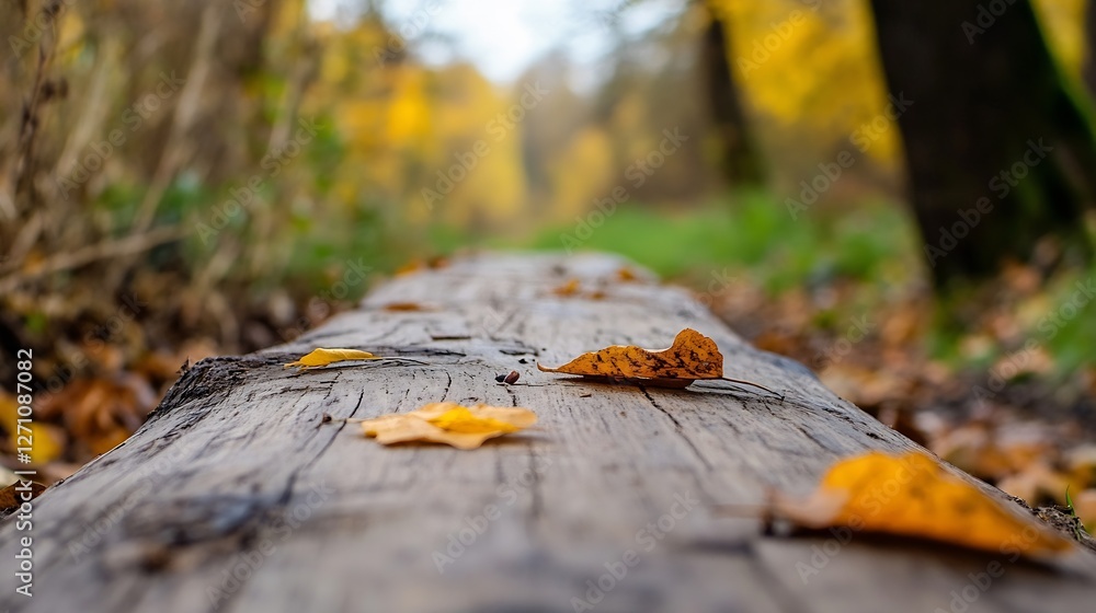 Poster Close Up of Autumn Leaves on a Wooden Log Surrounded by Colorful Trees in the Forest : Generative AI