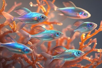 Fototapeta premium A school of iridescent neon tetras swim amidst vibrant orange coral branches, creating a captivating underwater scene.