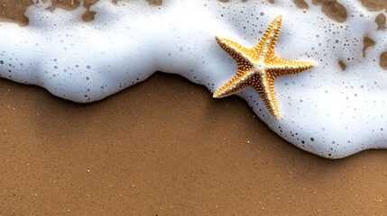 Starfish on wet sand being gently touched by foamy ocean waves.