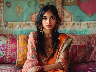 Fototapeta premium A beautiful young woman dressed in traditional Indian attire, showcasing vibrant colors and intricate jewelry against a rich tapestry background.