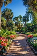 Fototapeta premium A charming path through an exotic garden, lined with tall palm trees and vibrant flowers.