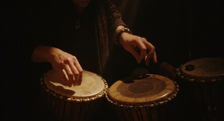 A close-up of a musician's hands striking two handcrafted Persian drums, creating an intricate rhythm to celebrate Nowruz and Persian musical traditions.
