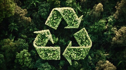 Bird's eye view of intricate green recycling symbol created with vegetation in vibrant forest setting : Generative AI