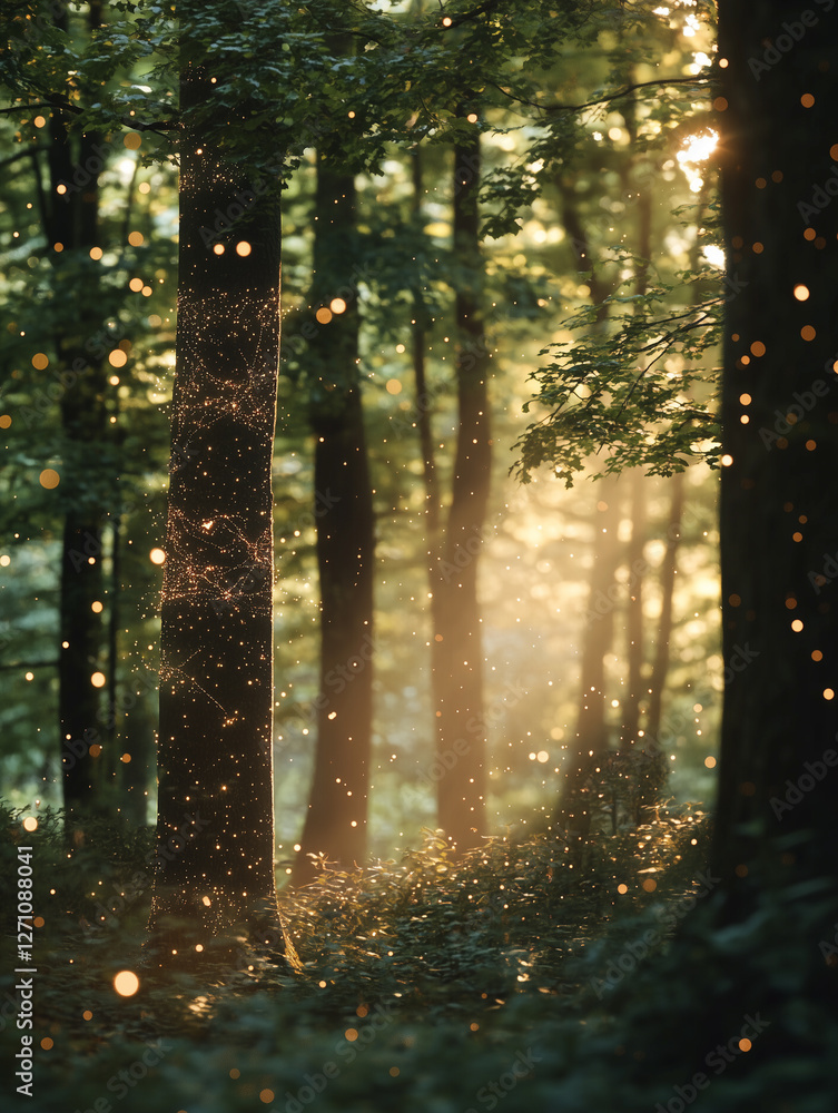 Aufkleber serene forest with sunlight filtering through trees and ethereal light particles
