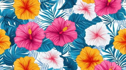 Background pattern cute flower concept. Vibrant Tropical Floral Pattern with Hibiscus and Exotic Foliage