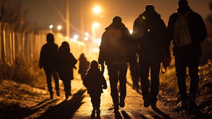 Silhouette of a family walking towards bright lights symbolizing hope and resilience in dark times : Generative AI