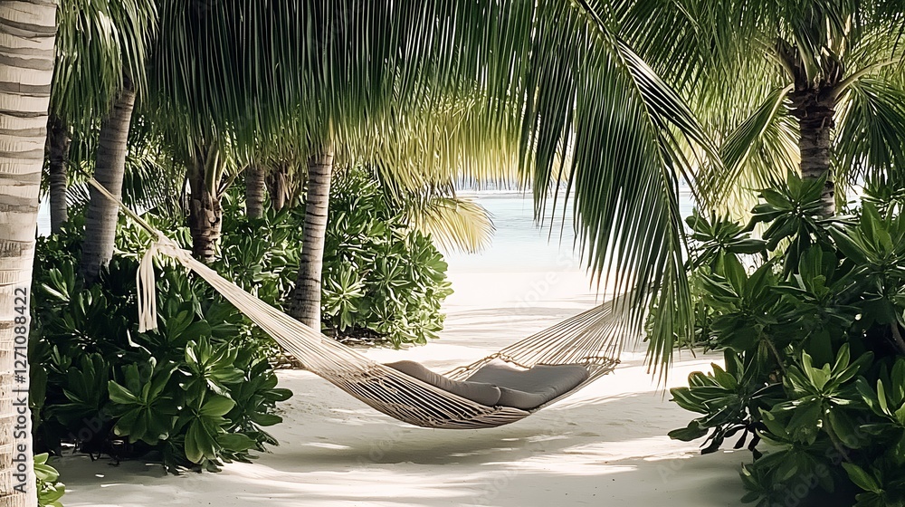 Aufkleber charming hammock hidden among palm trees on a tranquil tropical beach for ultimate relaxation : gene