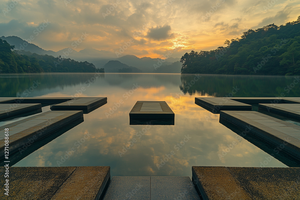 Poster serene lake reflecting clouds and mountains at dawn creating geometric patterns
