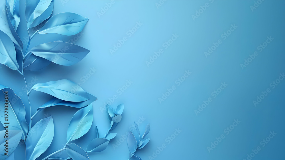 Poster serene blue background with elegant leaves creating a calming atmosphere for design use