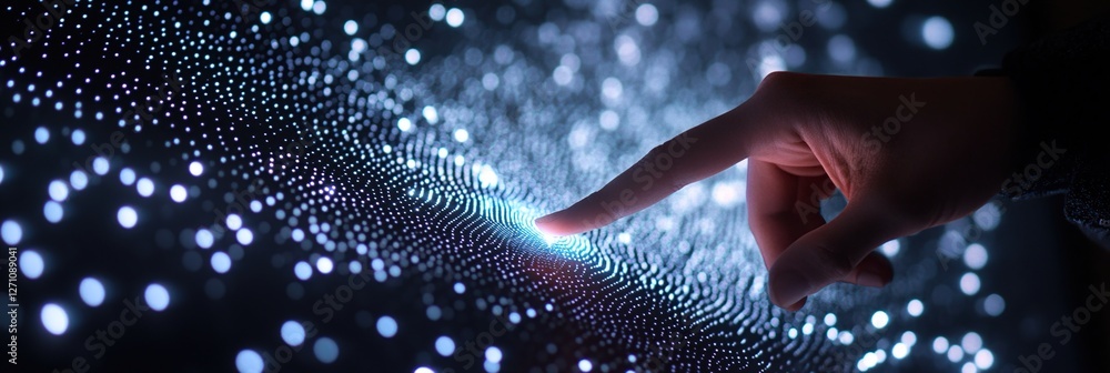 Poster Interactive Digital Data Visualization: Exploring a Futuristic Interface with Fingertip Control and Illuminated Pixels, Creating a Mesmerizing Display of Information.