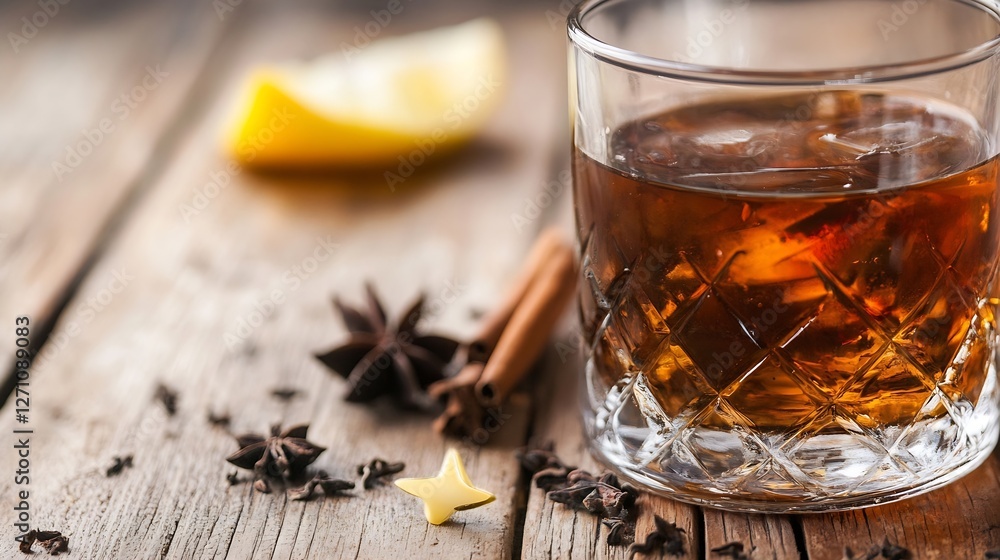 Aufkleber Refreshing Glass of Whiskey with Citrus and Spices on Rustic Table Setting : Generative AI
