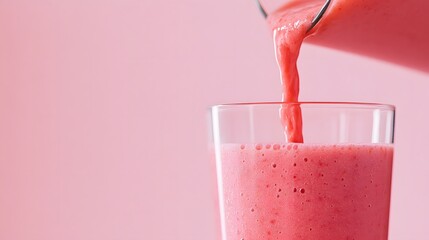 Bright pink smoothie being poured into a clear glass against a soft pink background