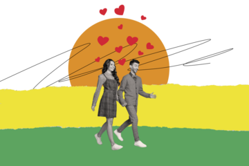 Horizontal artwork photo collage of two black white colors people couple hold arms walk love hearts on creative background