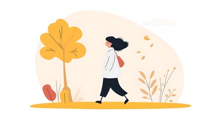 Woman walking through a colorful autumn landscape with trees and foliage during a sunny day