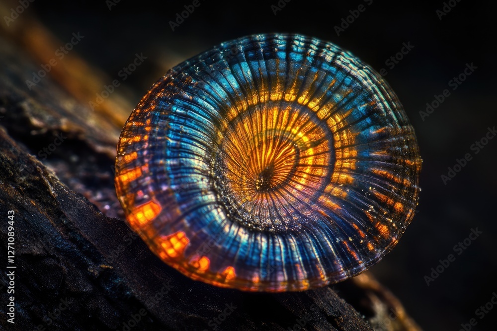 Poster a mesmerizing close-up of a snail shell exhibiting vibrant iridescent colors and intricate textures.