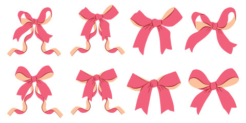 Bows with Pink Ribbons Set in Flat Cartoon Style