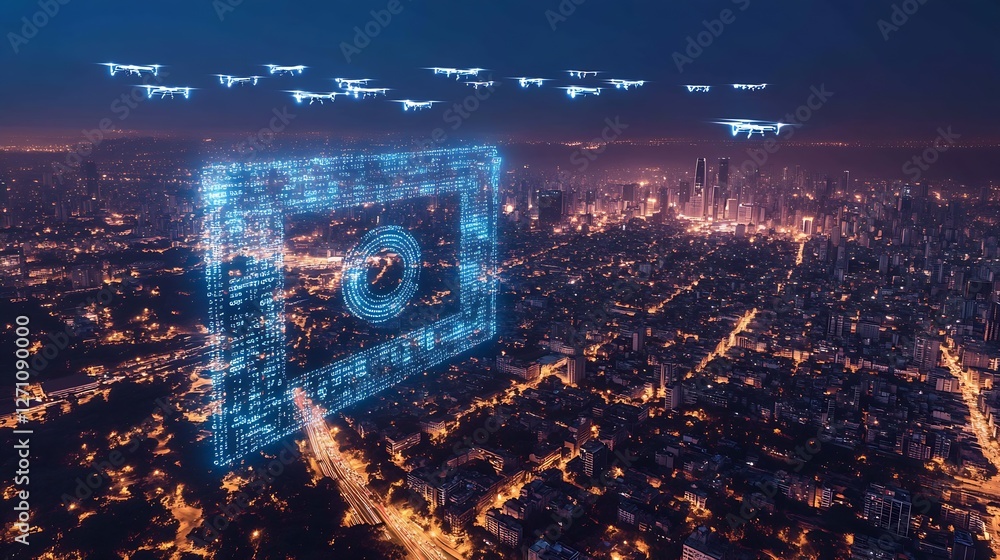 Poster Aerial View of Drones in Flight Creating a Digital Display Over a Vibrant City at Night : Generative AI
