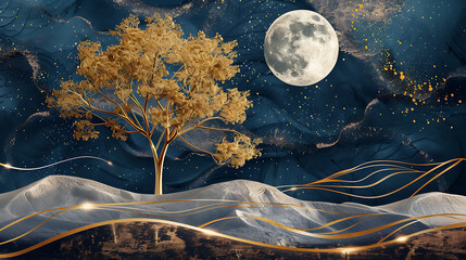 3d mural wallpaper with dark blue background. golden tree, and white moon. wavy line shapes in a modern background. for the interior design of a house