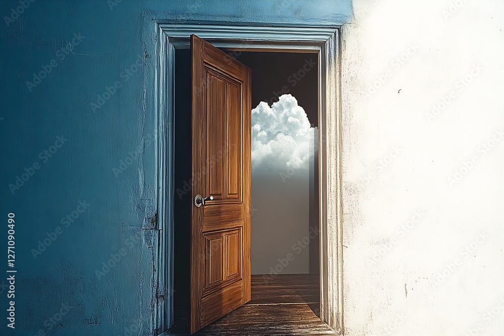 Poster an opened wooden door revealing a cloudy sky creating a captivating atmosphere of mystery and advent