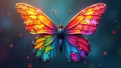 A digital artwork of a butterfly made up of puzzle pieces, symbolizing transformation and hope.
