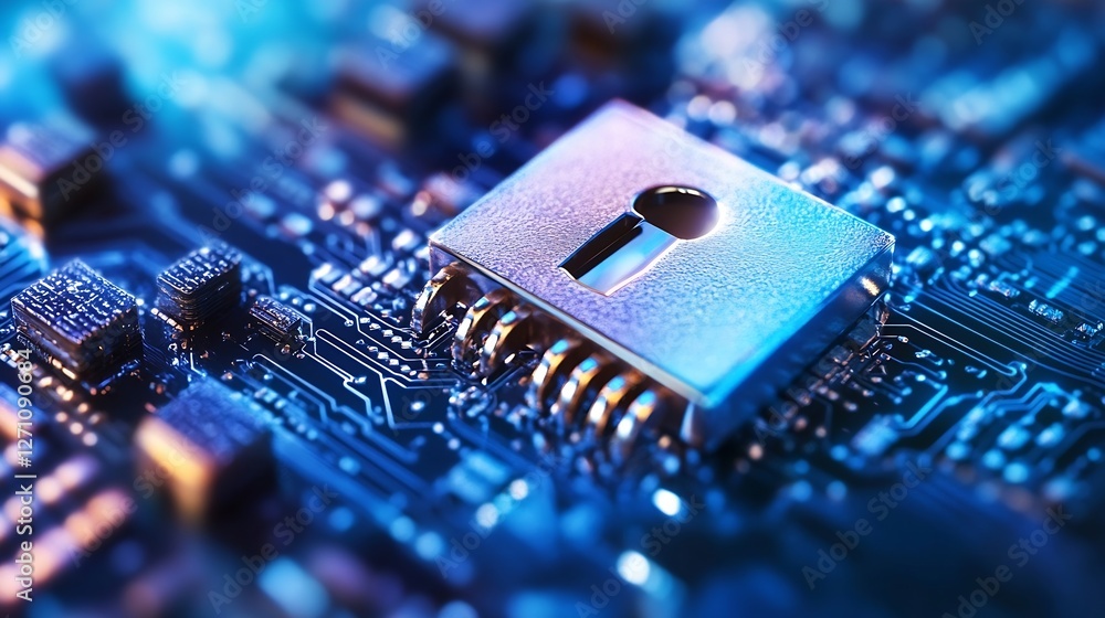 Poster Close up of a metallic padlock on a circuit board symbolizing cybersecurity and data protection in technology : Generative AI