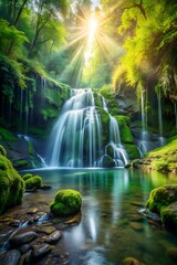 Obraz premium Majestic Waterfall Cascade: Moss-Covered Rocks, Crystal-Clear Pool, and Lush Forest – 10K Tranquil Beauty