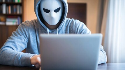 Mysterious man with a mask typing on a laptop creating a sense of anonymity and cyber danger in a modern setting : Generative AI