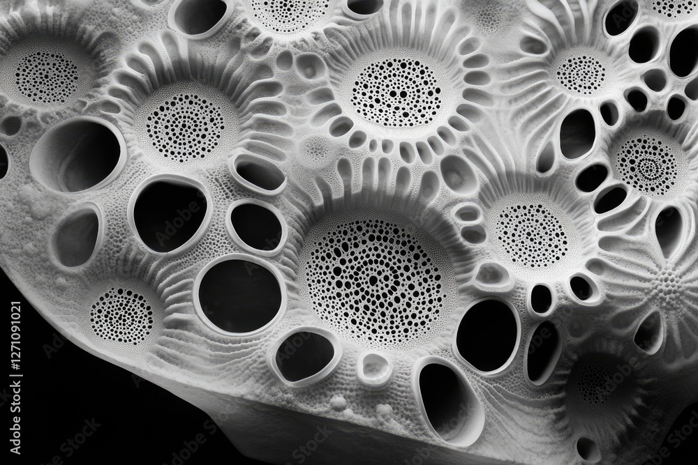 Poster abstract grayscale image showing a complex, organic, porous surface resembling a textured stone or c