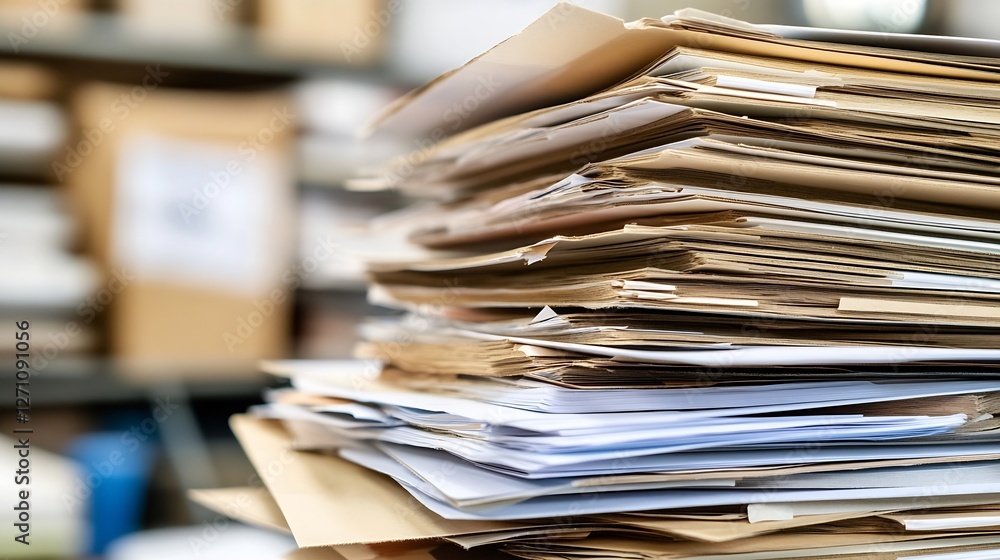 Poster Stack of disorganized paperwork and documents representing chaos and workload in an office setting : Generative AI