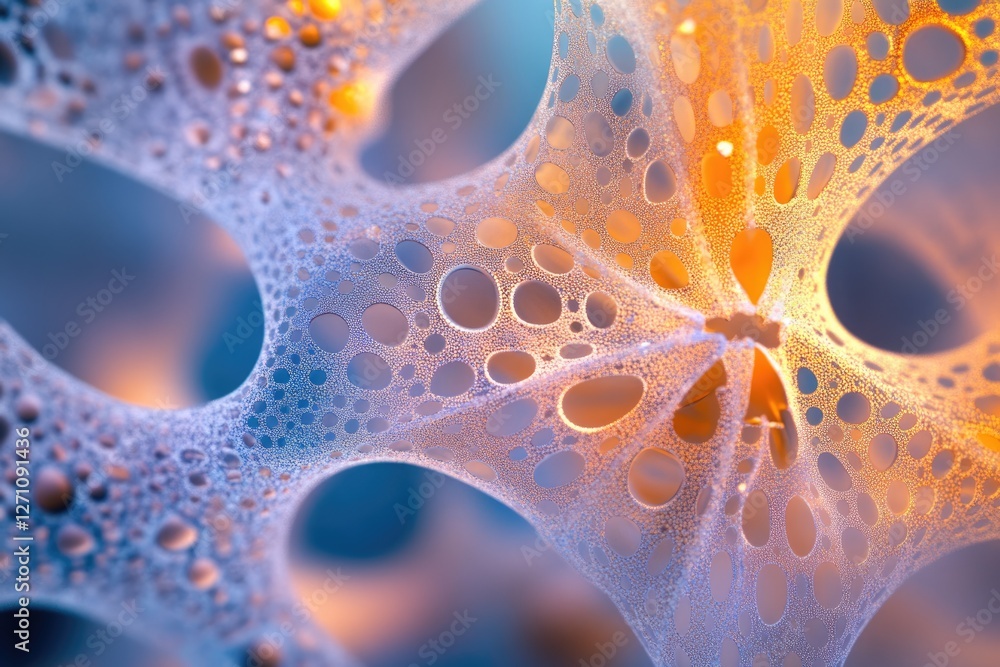 Poster abstract image of a porous, translucent structure with warm and cool tones, resembling a network or 