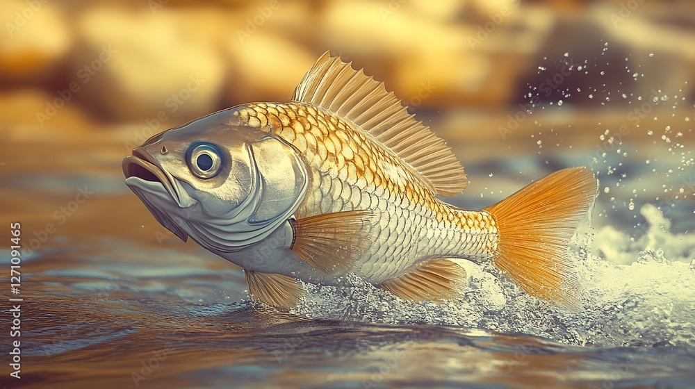 Aufkleber realistic representation of a fish making a splash as it jumps playfully : generative ai