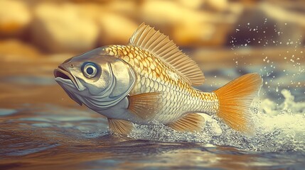 Fototapeta premium Realistic Representation of a Fish Making a Splash as It Jumps Playfully : Generative AI